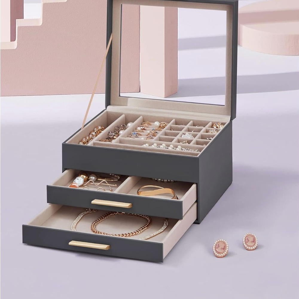 Elegant Gray Jewelry Box with Mirror